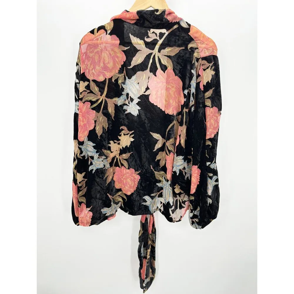 Blue Blush Womens Floral Velvet Tie Front Cardigan Size L Boho Feminine Dark - Image 2