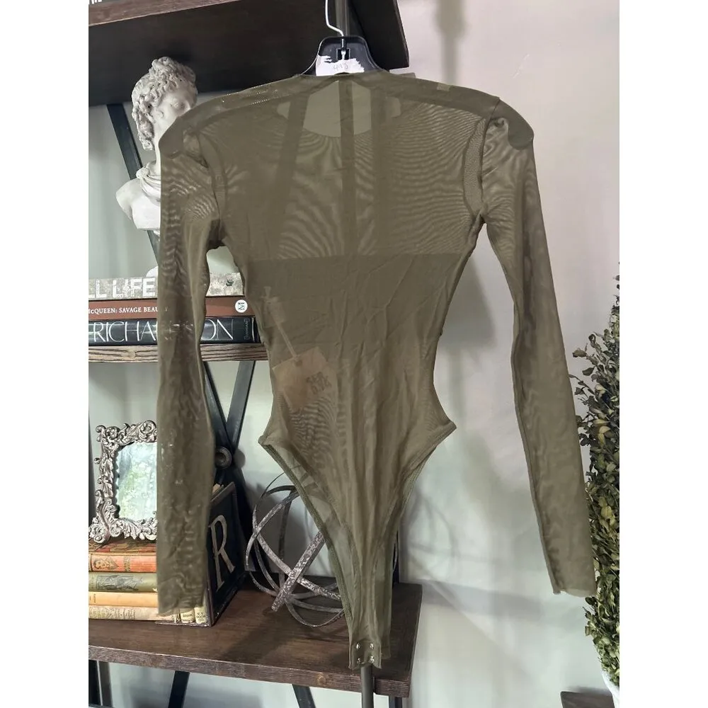SER.O.YA Rizzo Sheer Panel Long Sleeve Bodysuit Fort Greene Womens Size XXS Green - Image 8