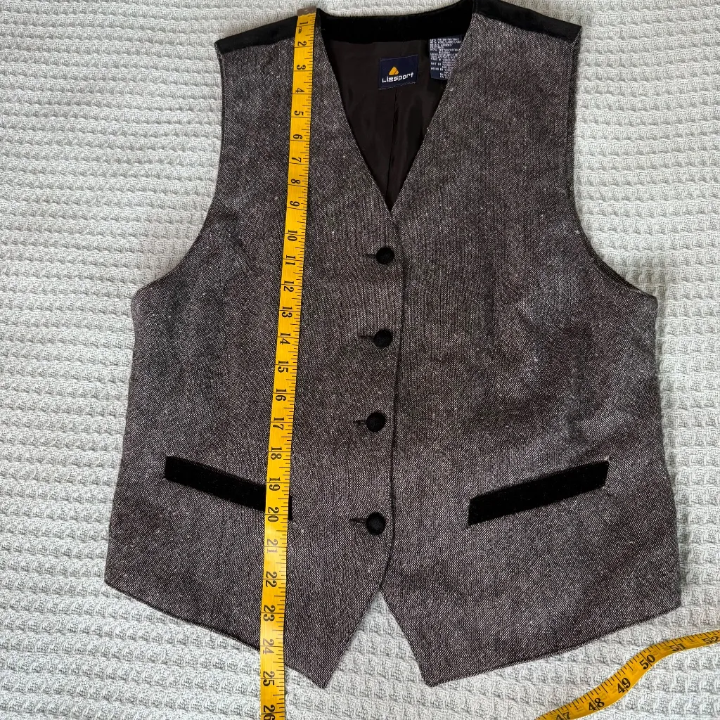 Vintage Lizsport Tweed Wool Velvet Vest Womens 10 Gray Black Button Down 90s 80s - Image 8