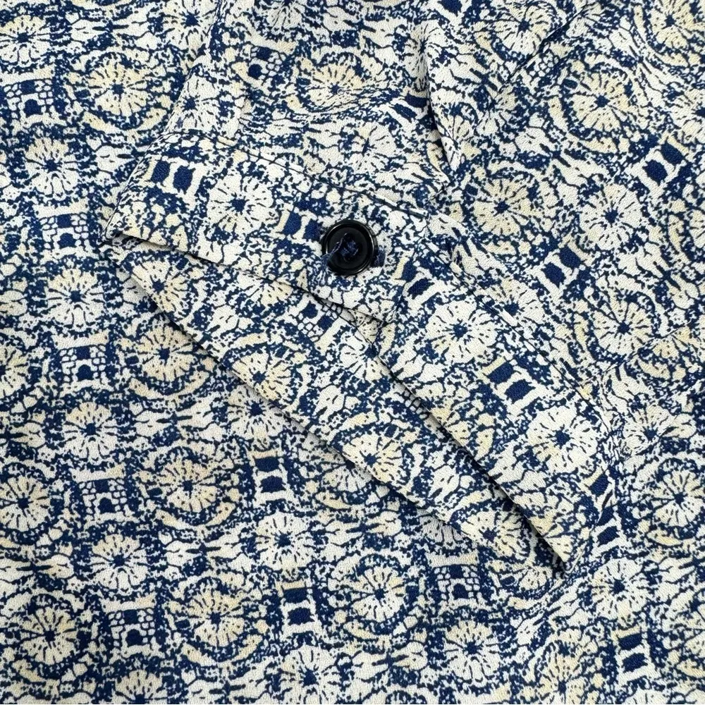 Anne Carson Blue White & Beige Medallion Print Semi Sheer Long Sleeve Blouse - Image 9