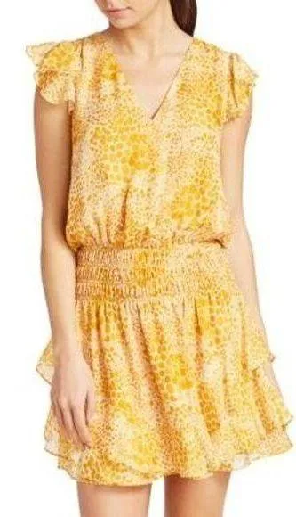 Ramy Brook S Ethereal mini dress vibrant leopard print ruffle Yellow Flutter - Image 1