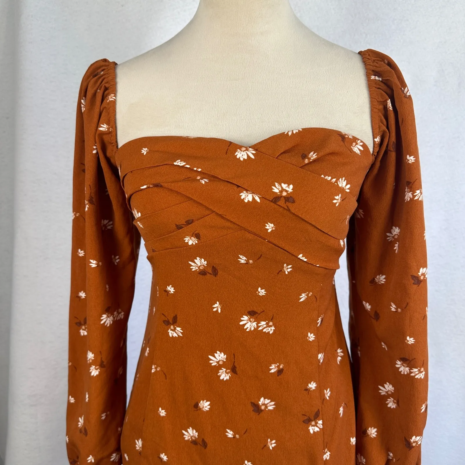 Abercrombie Fitch Rust Brown Floral Sweetheart Neck Puff Sleeve MiniDress Small - Image 4