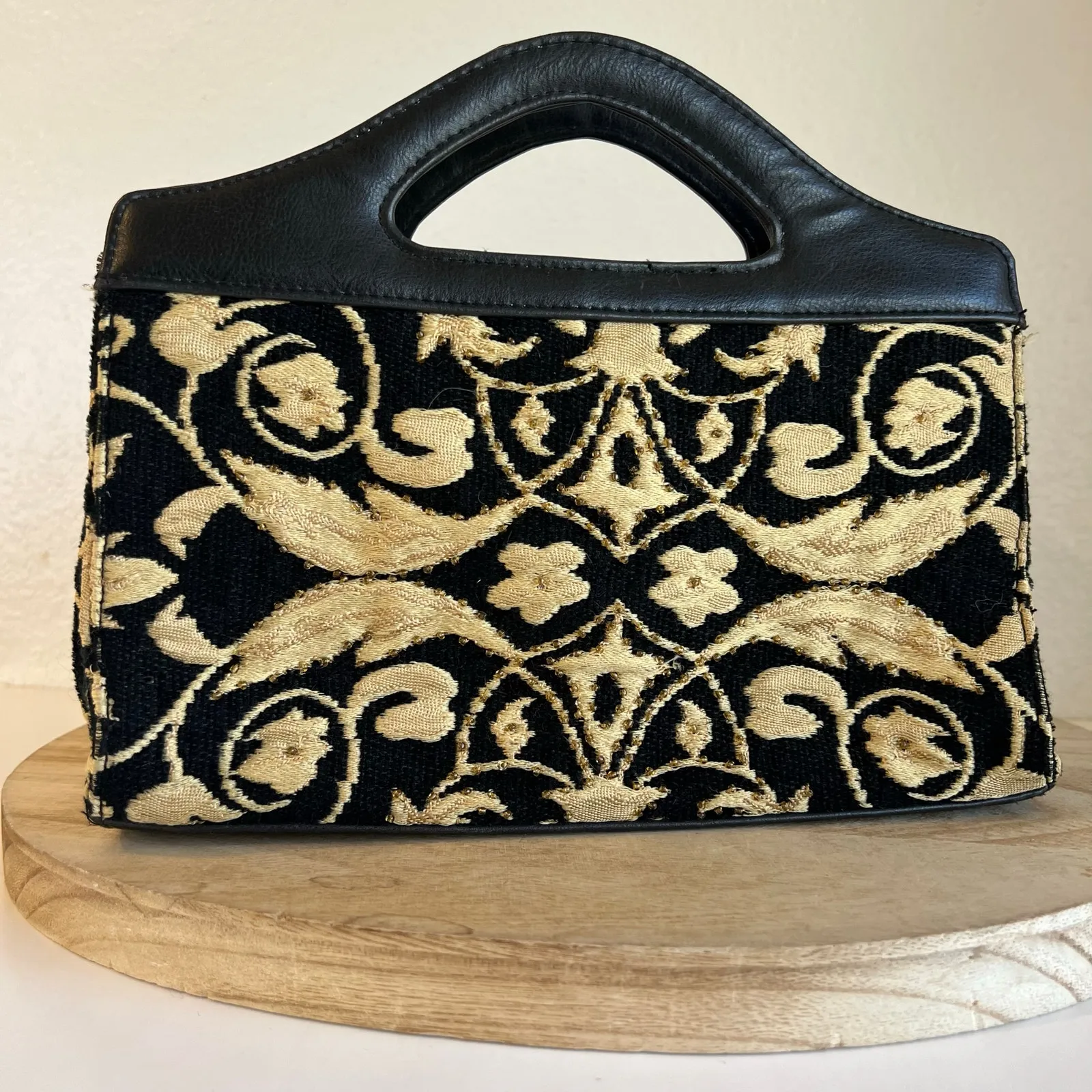 Vintage 90s Black Leather Victorian Tapestry Beaded Top Handle Small Bag - Image 3