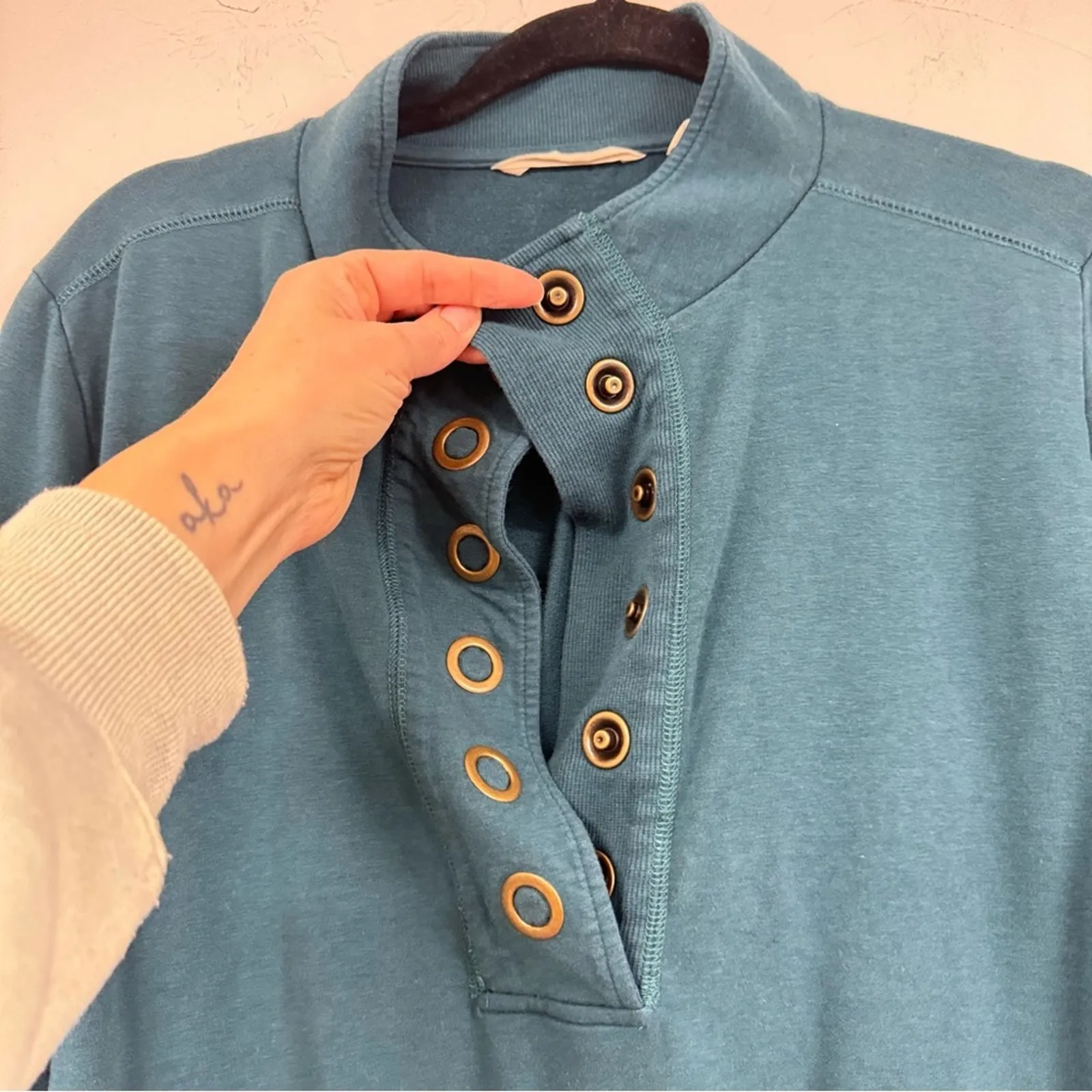 Soft Surroundings Teal Blue Snap Henley Tunic Top Long Sleeve Sweater Womens M - Image 3