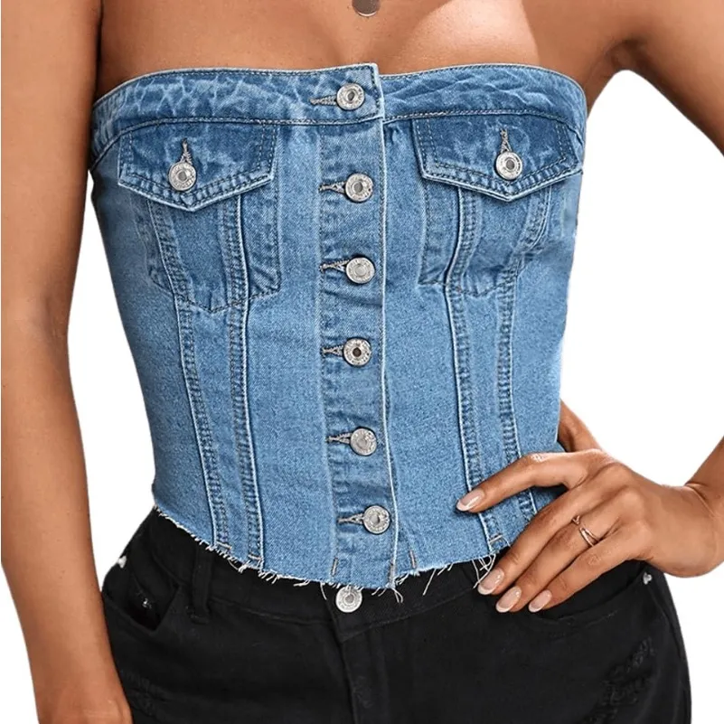 NWOT SweatyRocks Strapless Button-Up Denim Crop Top – Y2K Style, Size Small - Image 1