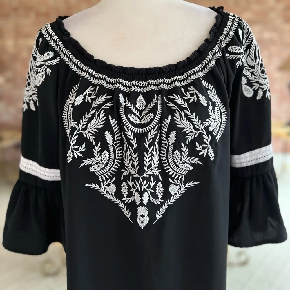 Charter Club Spring Horizon Dress Embroidered Black S Bell Sleeve Boho Party Mod - Image 3