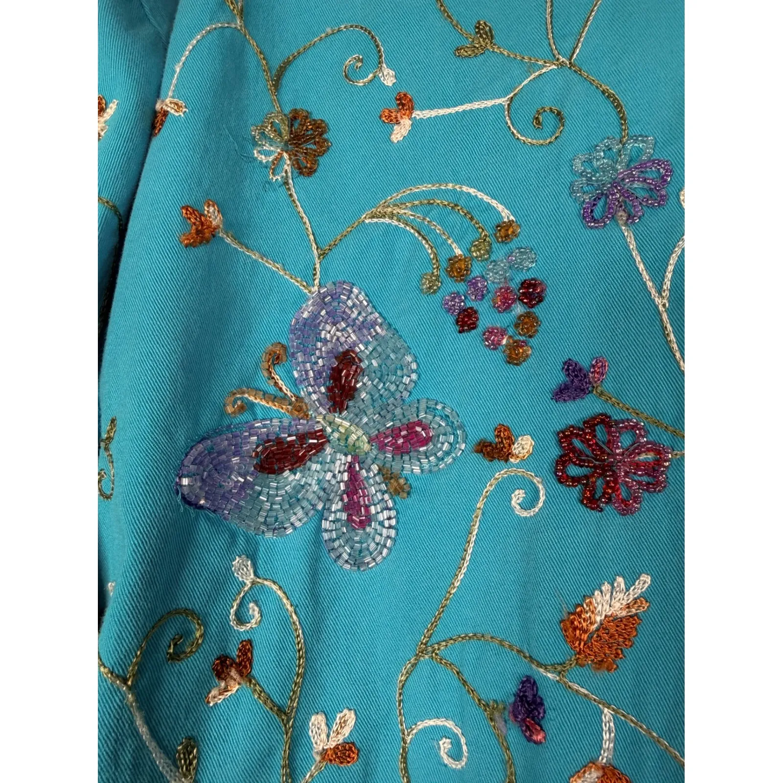 The Quacker Factory Turquoise Beaded Floral Embroidered Cotton Jacket Size 1X Blue - Image 5