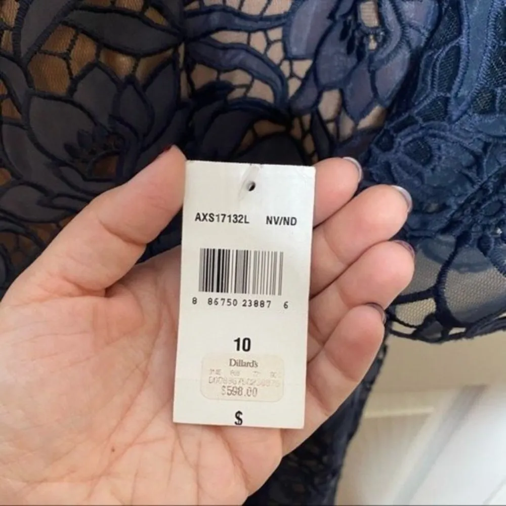 NWT Tadashi Shoji Navy Blue Nude Lace Off The Shoulder Maxi Dress Gown Size 10 - Image 5