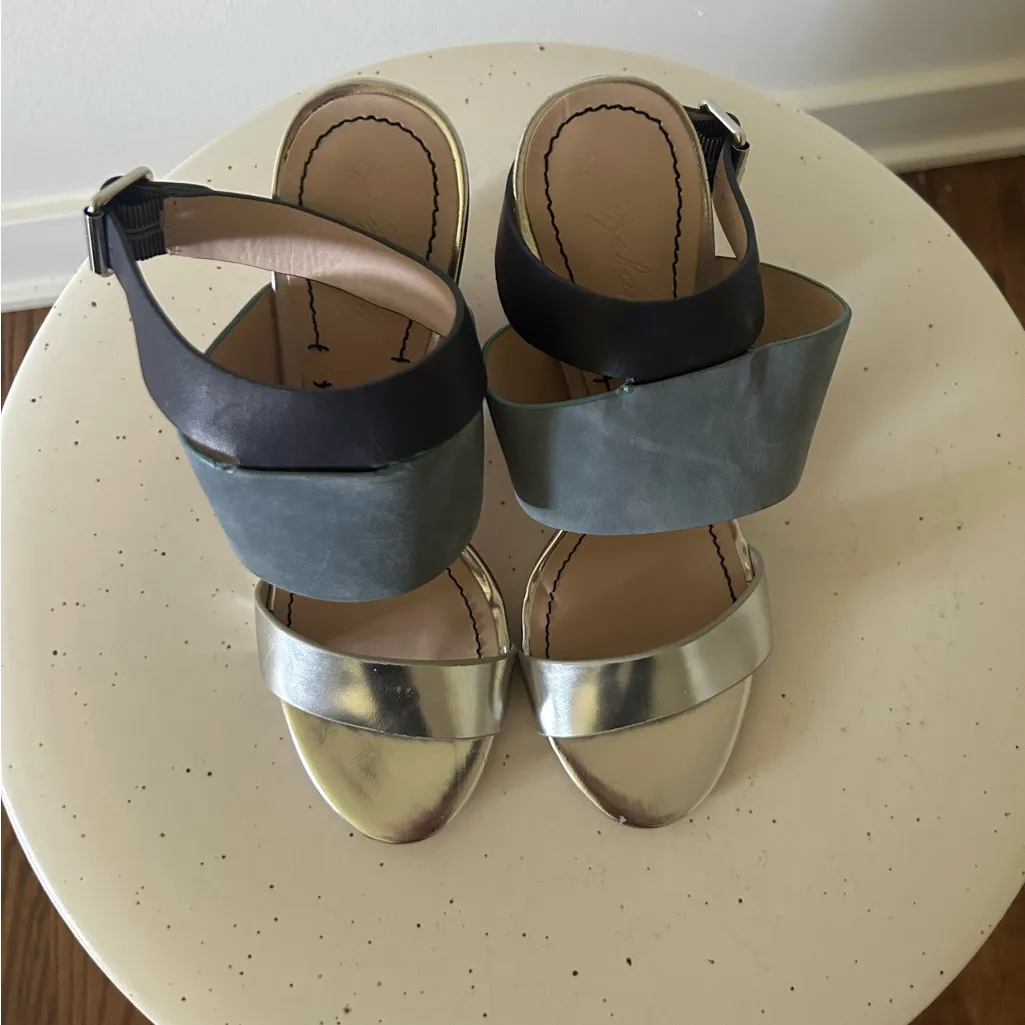 Elizabeth and James New Clair 2 Heels Blue Multi Silver Wood Sandals Size 6.5 - Image 4