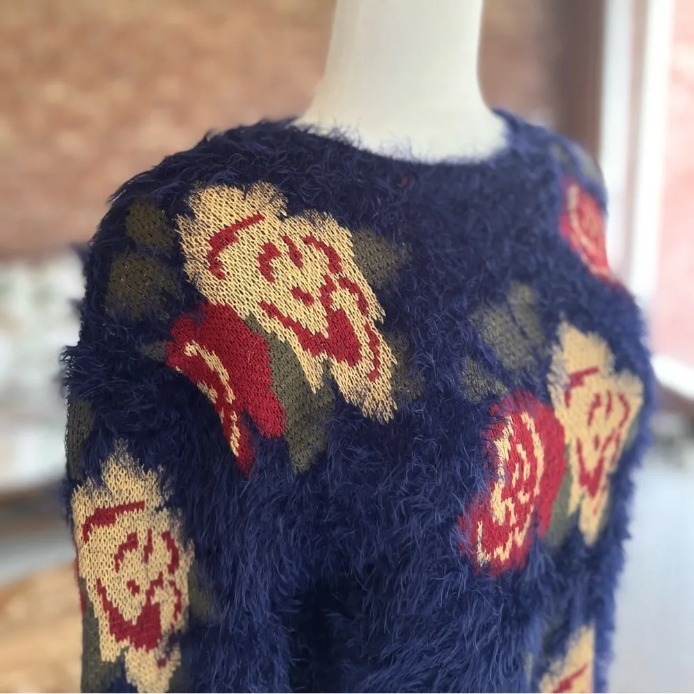 Cotton Emporium Blue Floral Fuzzy Crewneck Sweater S - Image 12