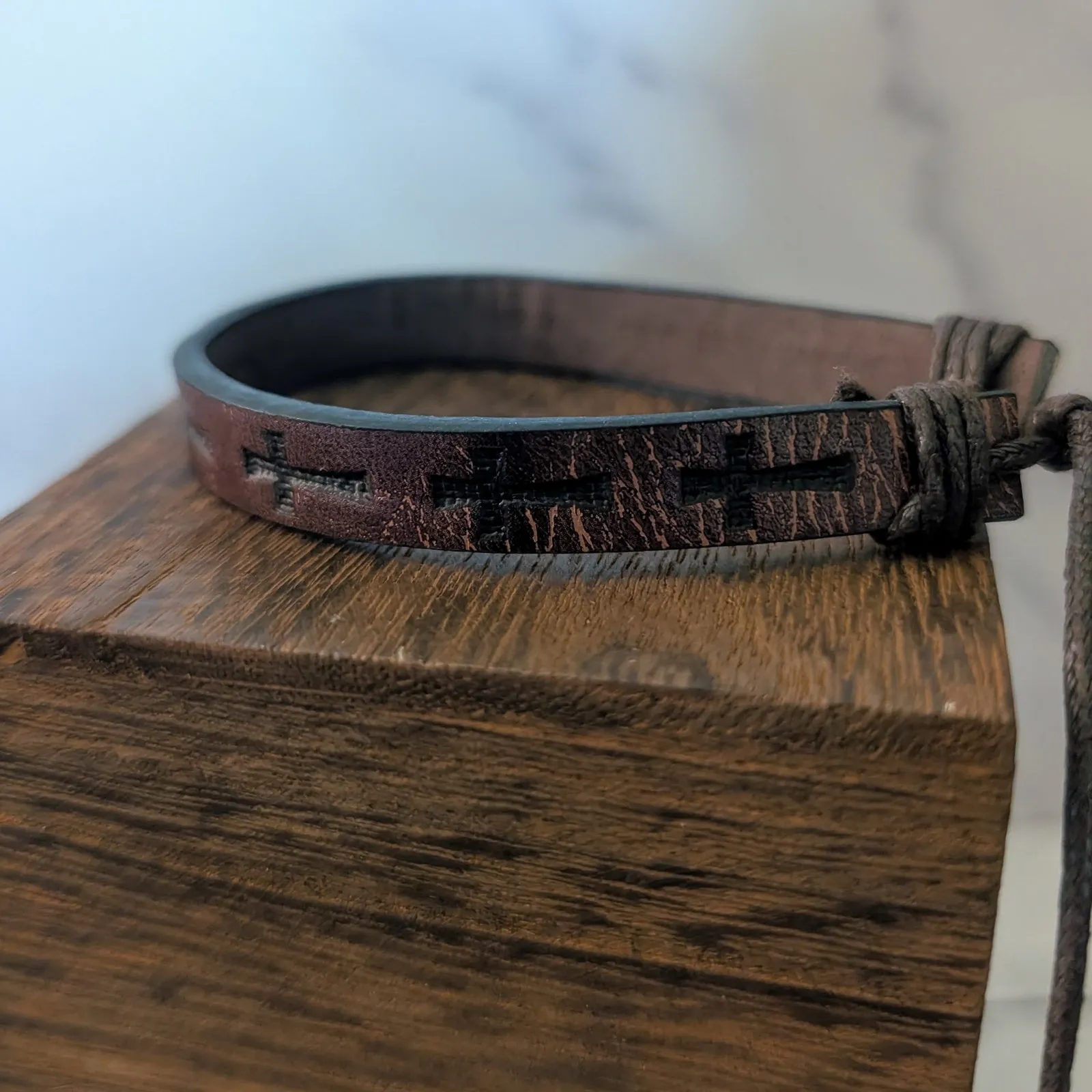Brown Adjustable Bracelet with Embossed Cross - Image 4