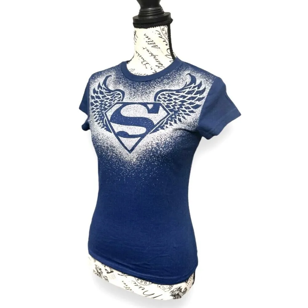 Supergirl‎ S Navy Graphic Tee 100% Cotton Burnout Glitter Y2K DC Comics Hero - Image 4
