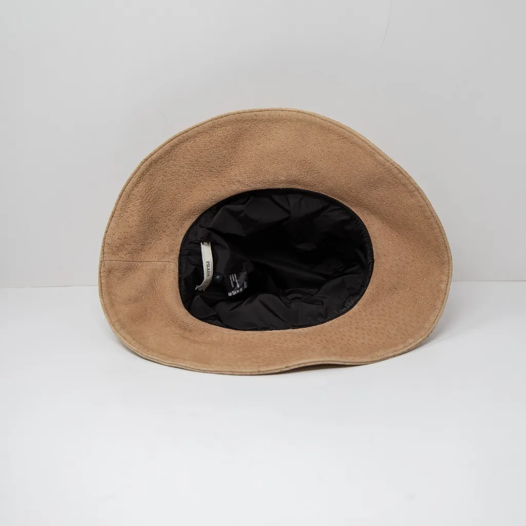 Prada Genuine Leather Textured Ribbon Bow Trim Bucket Sun Hat Neutral Beige M - Image 5