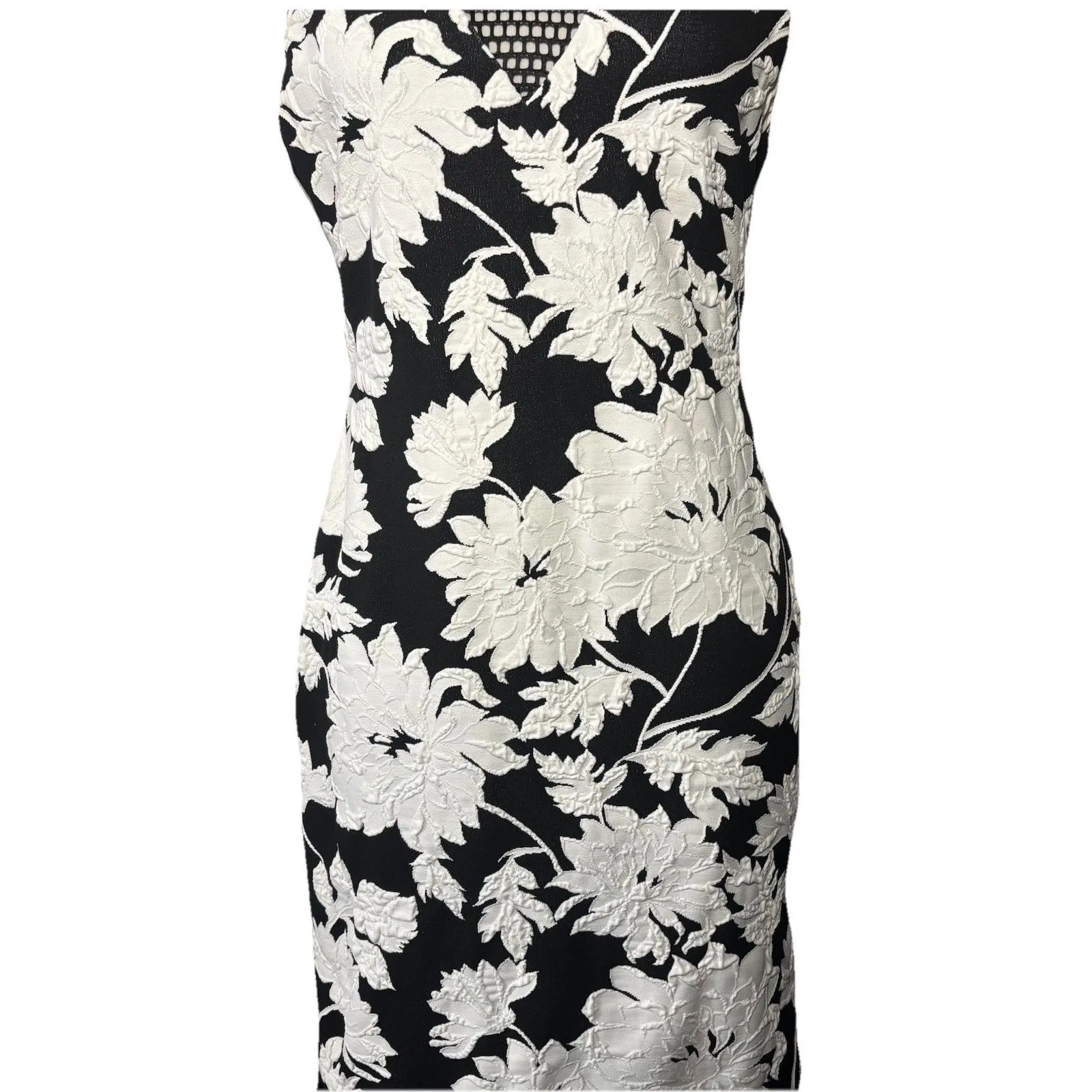 Cache Women’s Black & White Floral Sheath Cocktail Dress W/ Fish Net Design Sz 6 - Image 3