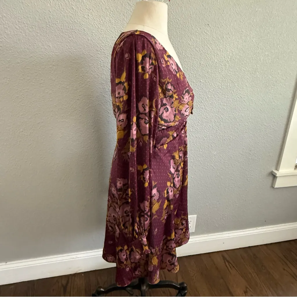 Free People Purple Gold Morning‎ Floral Mini Dress Size 12 Boho - Image 6