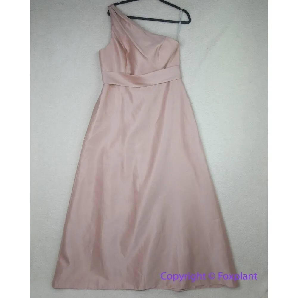 New! Alfred Sung Draped One-Shoulder Satin Maxi Dress in Toasted Sugar, size 14R - Image 3