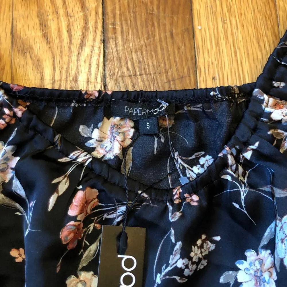 Papermoon NWT Women's Black Floral Sinch Waist Bubble Blouse - Size S - Image 4
