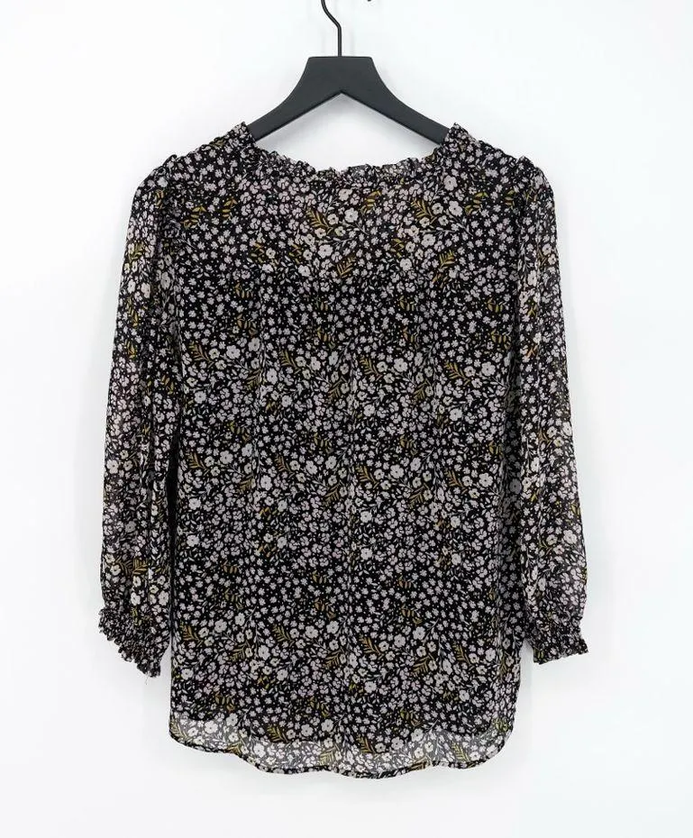 Loft Floral Ruffle Tie Neck Blouse Black Medium - Image 6