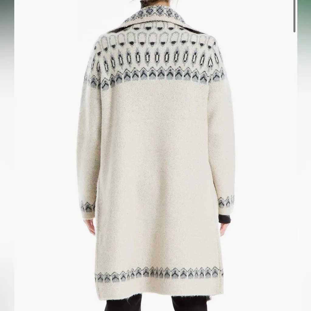 Max Studio Size M‎ Open Front Long Cardigan Sweater Gray Cream Fair Isle Nordic - Image 6