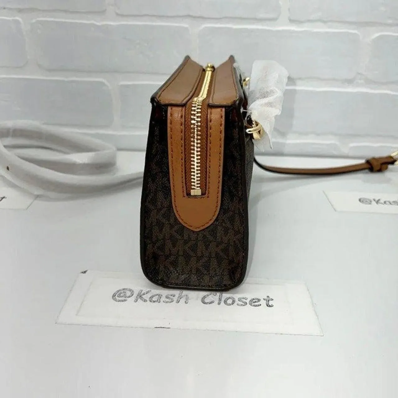 Michael Kors Brown Acorn Valerie Medium Logo Crossbody Clutch Purse - Image 4