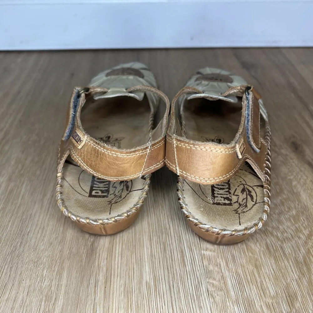Pikolinos Womens 8 Valarta Sandals Leather T Strap Flower Brown Covered Toe - Image 5