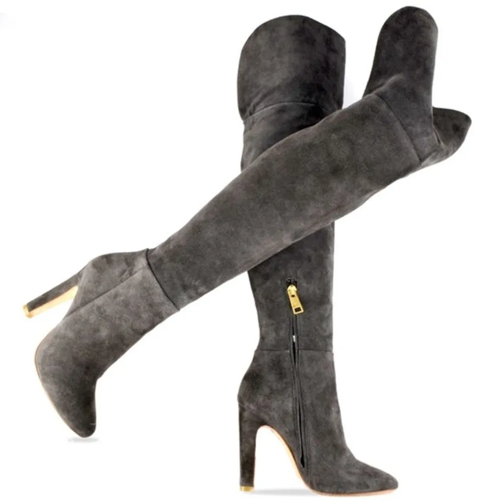 Joie Bentlee Dark Gray Suede Over The Knee Zip 4.25" Thick Heeled Boots 37 7 - Image 14