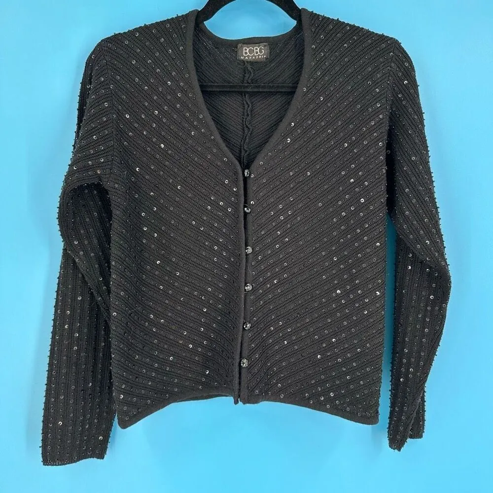 Vintage BCBG Maxazria Women's Knit Sequin Beaded Cardigan Sweater Black Small - Image 8