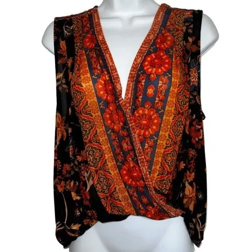FREE PEOPLE Havana Black Floral Print‎ Sleeveless  Surplice Top EUC Size Small - Image 2
