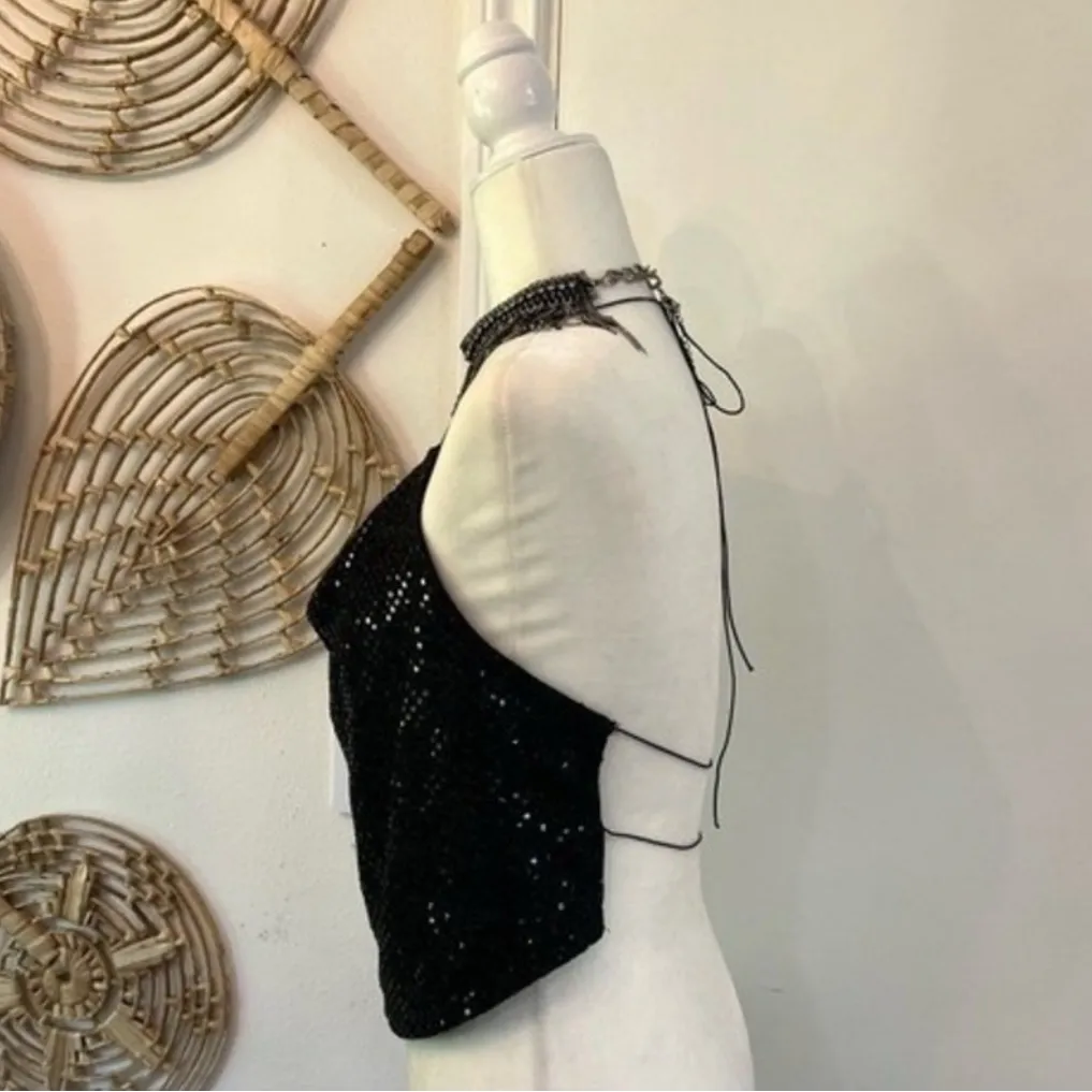 Vintage Y2K Sequin Halter Top Black Open Back Party Glam Festival Clubwear Large - Image 6