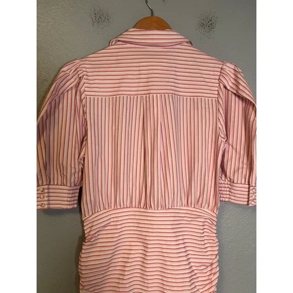 Anthropologie Maeve Fitted Ruched Mini Shirt Dress White Pink Size Medium Petite - Image 9