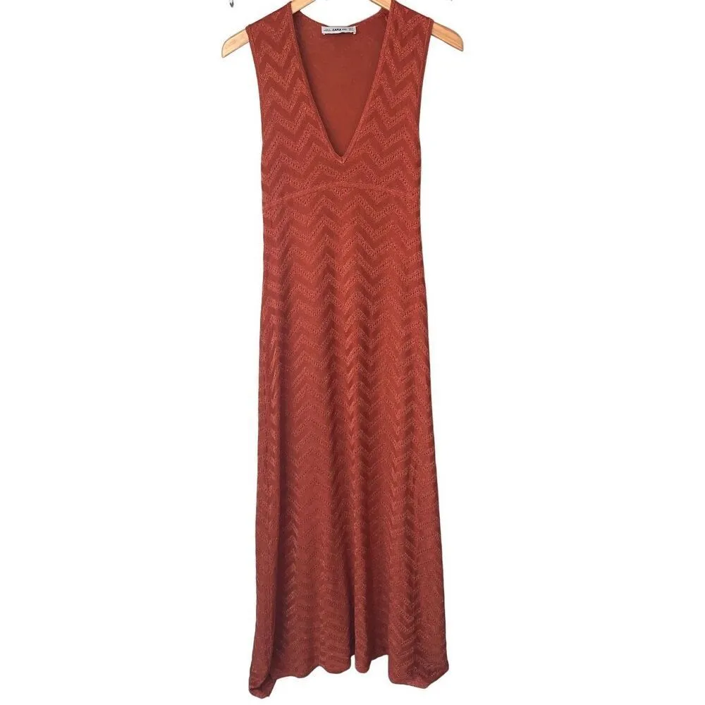 ZARA Rust Orange Metallic Maxi Dress - Image 4