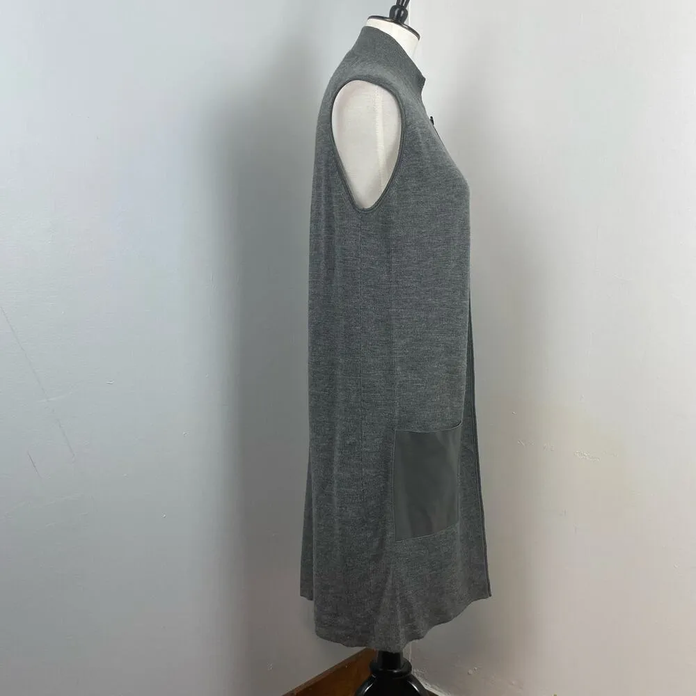 Worth Gray Wool & Leather Sleeveless Open Front Cardigan Duster Vest Small - Image 3