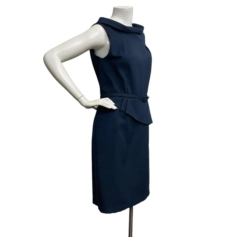 David Meister 8 Navy Blue Retro Portrait Collar Assymetric Sheath Dress Academia - Image 3