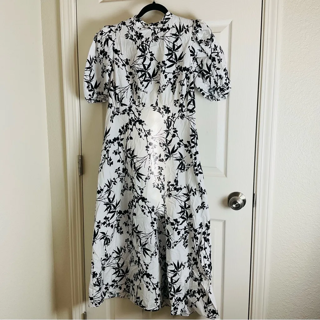 ZARA ZW COLLECTION BLACK WHITE FLORAL PRINT PUFF SLEEVES MIDI DRESS L - Image 3