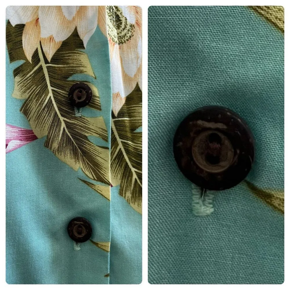 Two Palms Women's Tropical Floral Print Coconut Button Blouse XS Hawaii Resort Green - Image 6