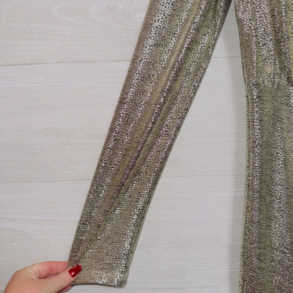 Skies Are Blue Women's Size Small Gold Shimmer Long Sleeve Faux Wrap Dress - Image 3