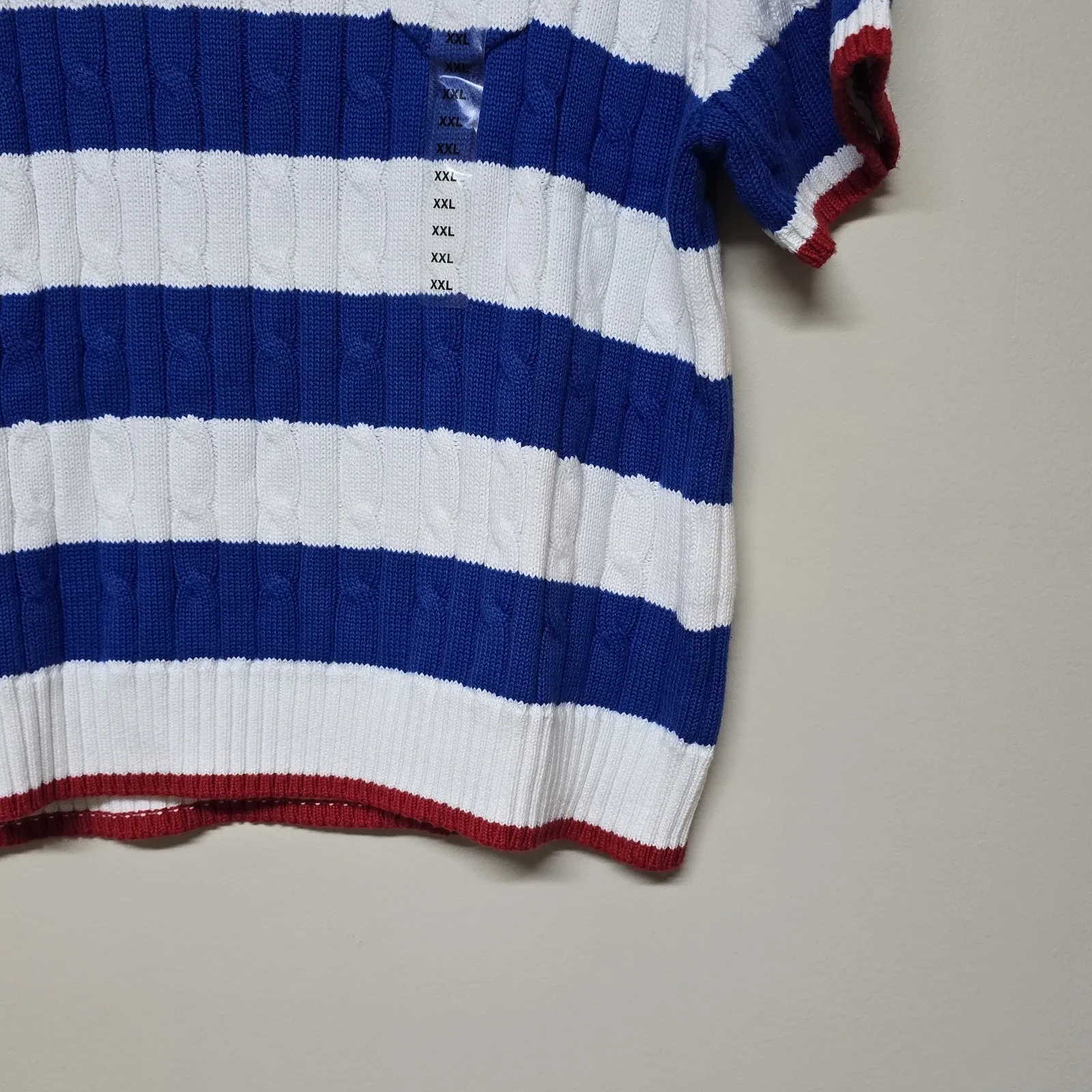 Ralph Lauren Polo Cable Knit Short Sleeve Sweater Jumper Blue & White Stripe XXL - Image 2