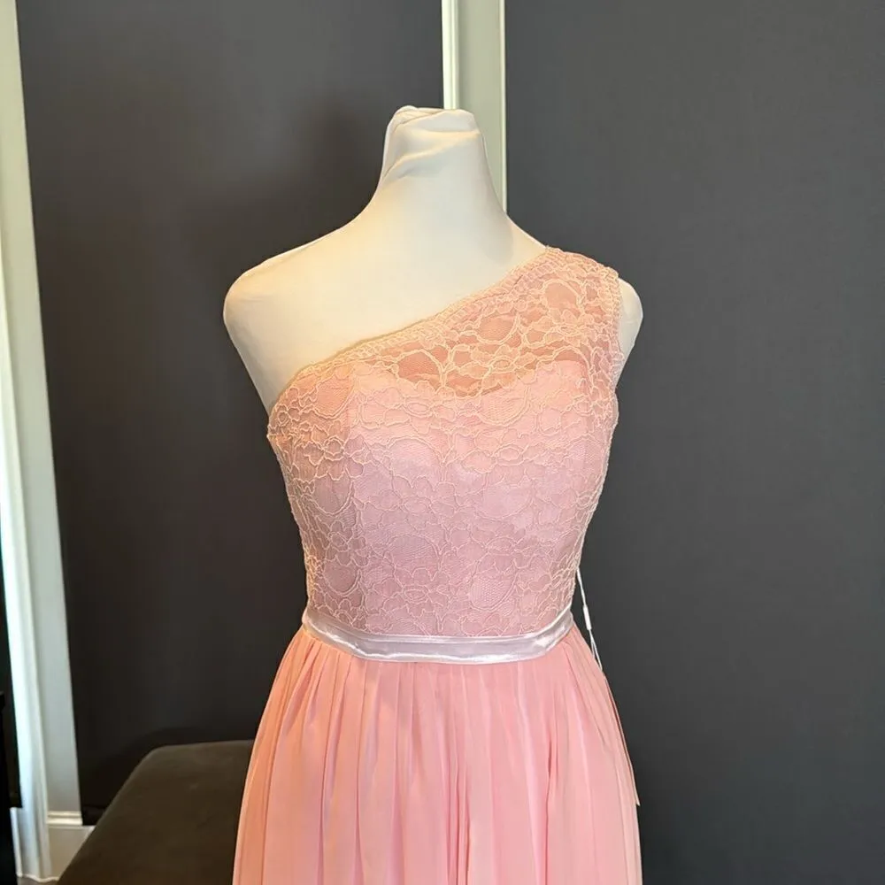 Women’s Pink One Shoulder FullLength Chiffon & Lace Bridesmaid Dress Size 0 NWT - Image 2