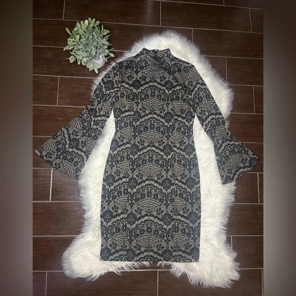 Alex Marie Aly Sparkly black/Gold Lace Jacquard Bell Sleeve Dress sz 8 - Image 3