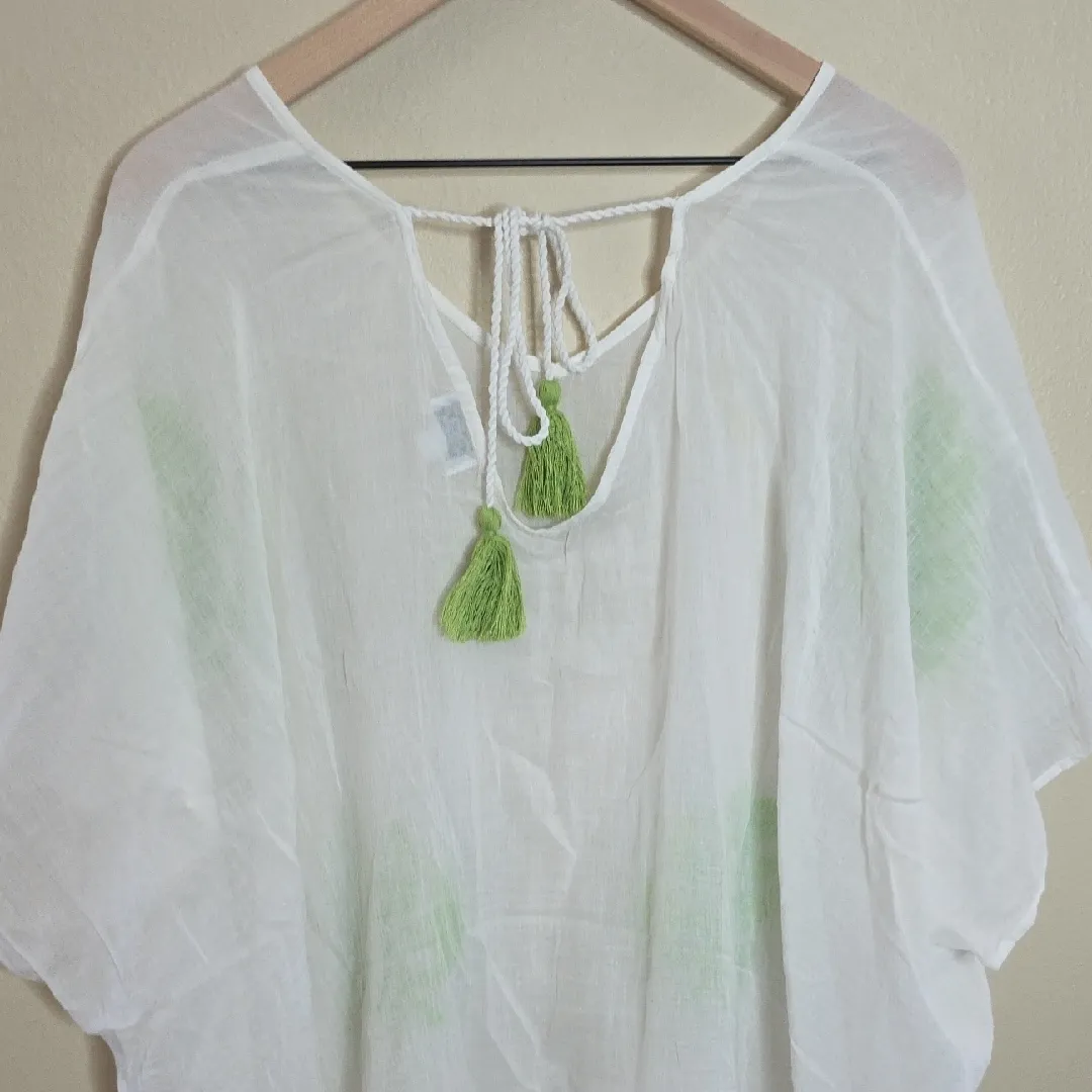 Mud Pie  Tunic Top Sheer White Green Leaf Pattern One Size - Image 6
