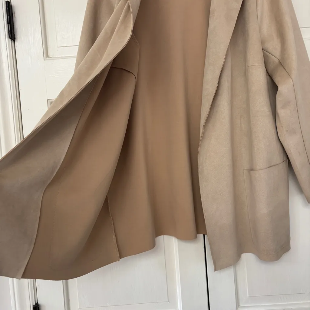 Premise Faux Suede Drape Open Front Long Line Jacket Cream Tan Plus Size 2X‎ - Image 6
