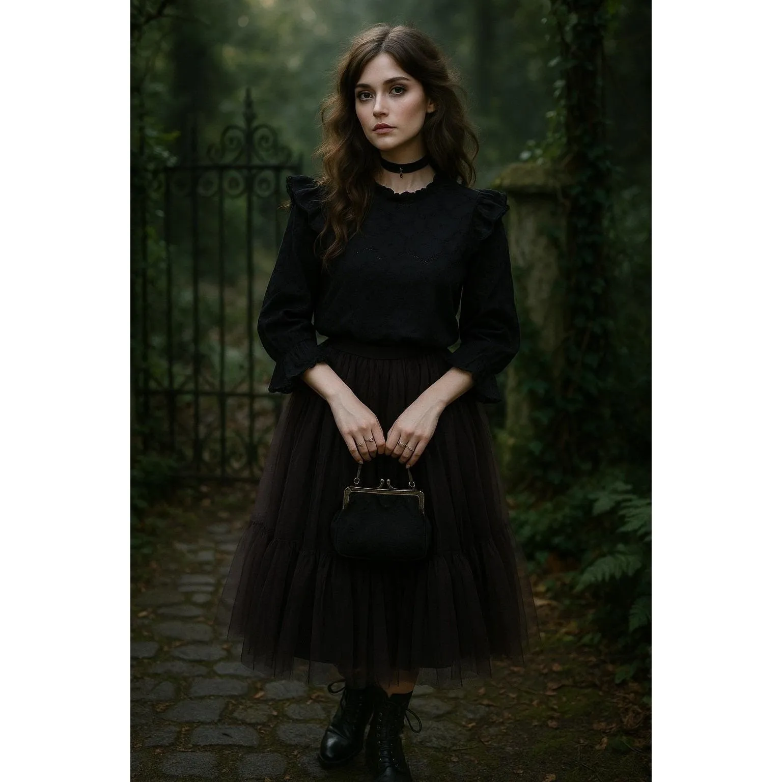 Vintage Forever 21 Black Eyelet Ruffle Blouse Romantic Goth Boho Top Size Large - Image 2