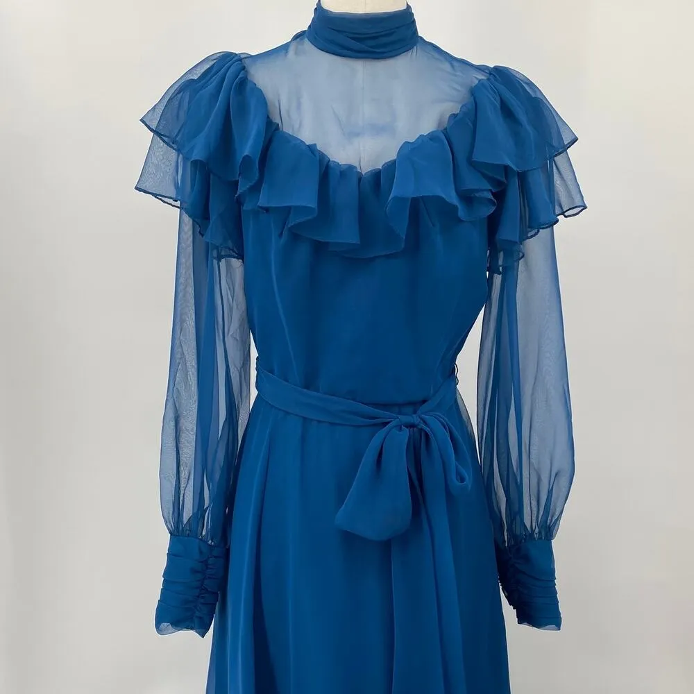 Vintage 70s Ruffled Gown High Neck Bishop Sleeves Fit & Flare Maxi Blue Womens 2 - Image 3