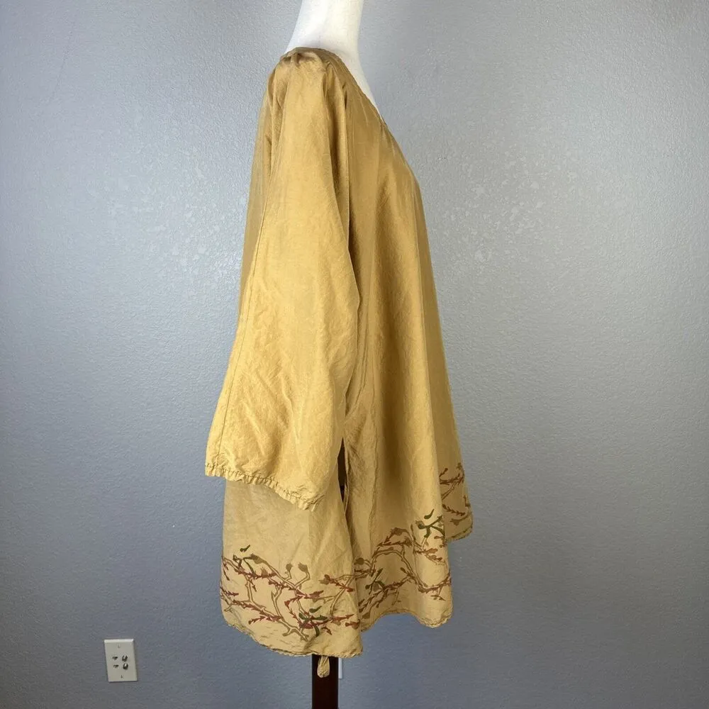 Blue Fish Womens 3/4 Tunic Size Plus 2 Gold Cotton Silk Hand Painted Vine Floral - Image 8