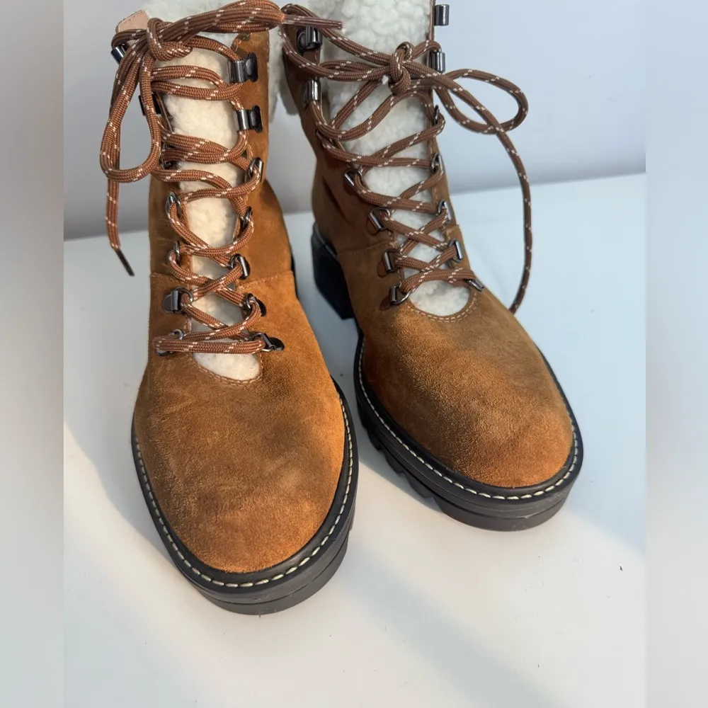 Bernardo Studio Women Dash Brown Suede Faux Fur Cuff Lace Ankle Boots sz 8.5 - Image 4