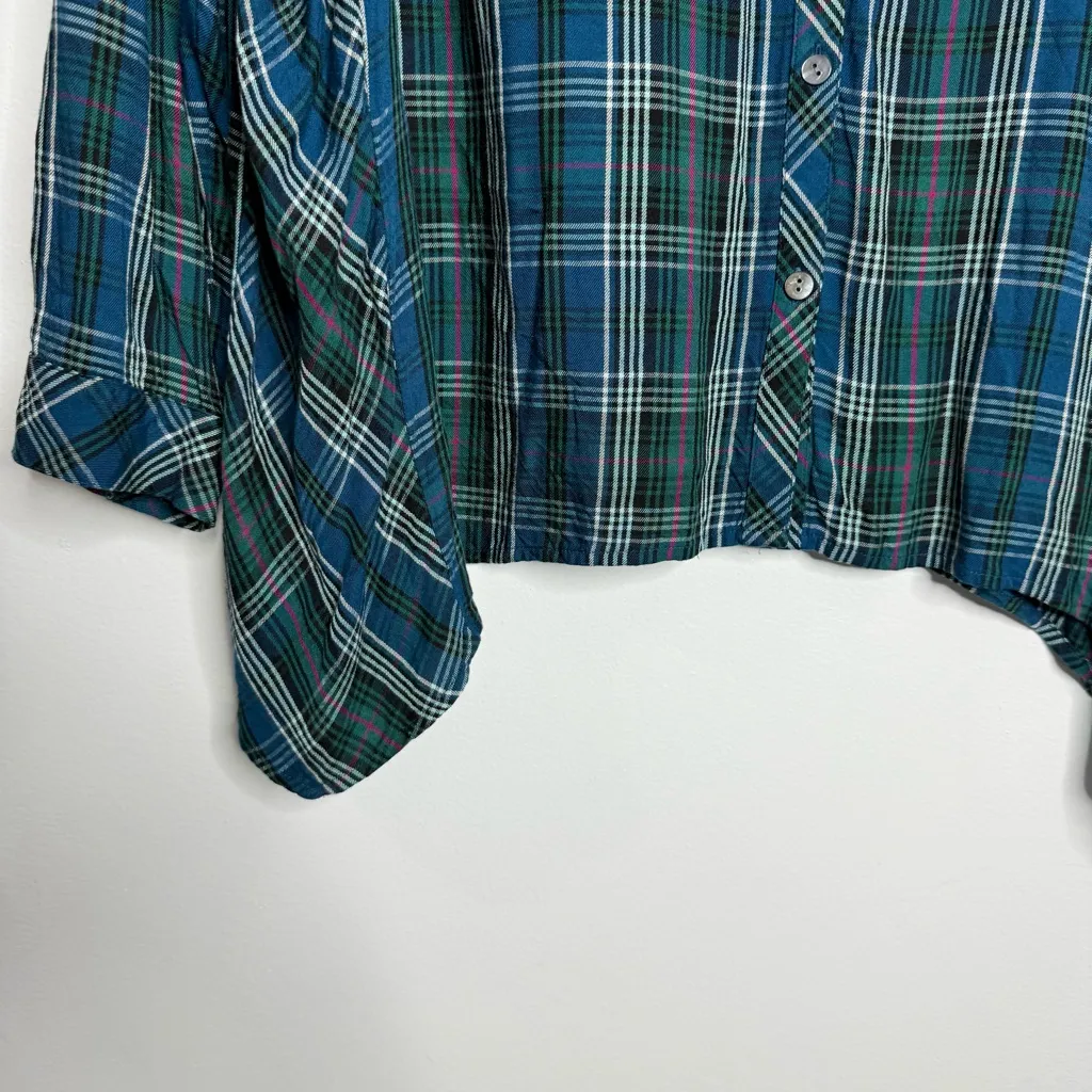J. Jill Shirt Blue Green Plaid Button Up V Neck Rayon Long Sleeve‎ Size XL - Image 9