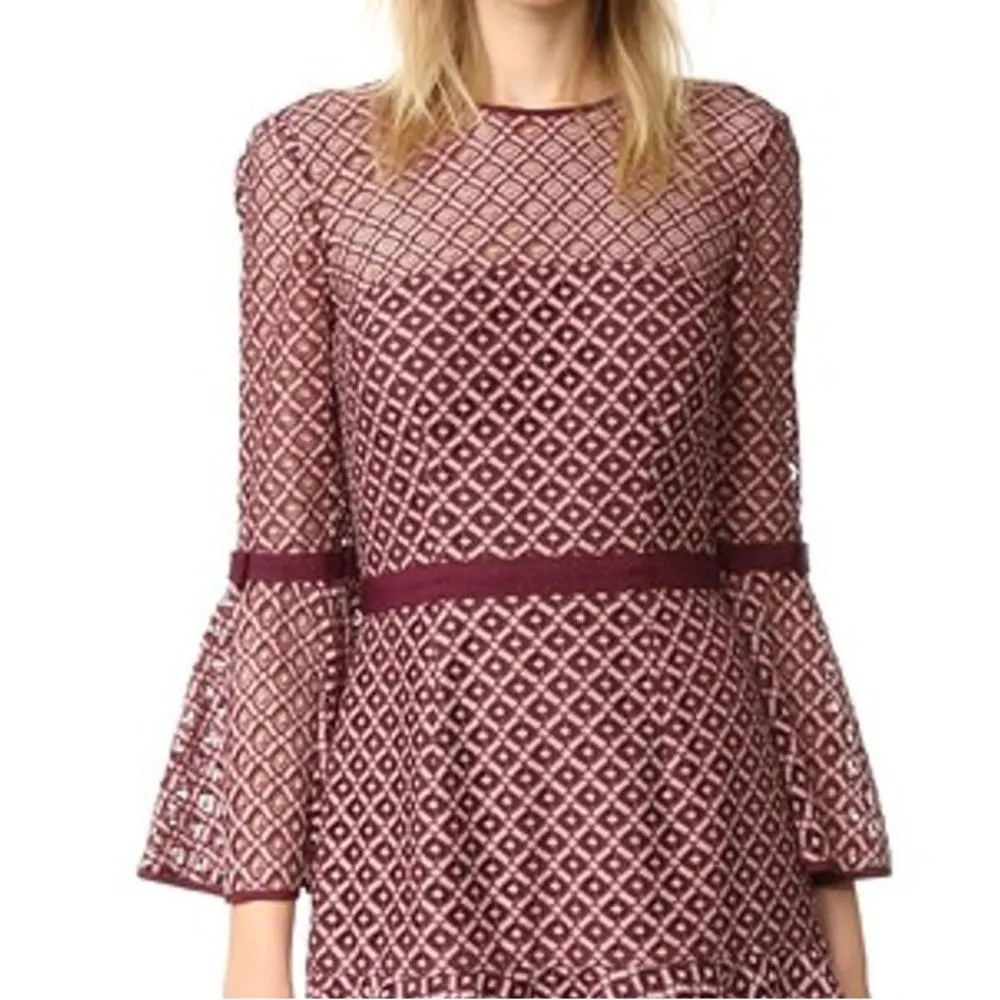 Cinq a Sept Cosette Dress Bell Sleeve Mulberry Pink Lace Overlay Babydoll Size 8 Red - Image 9