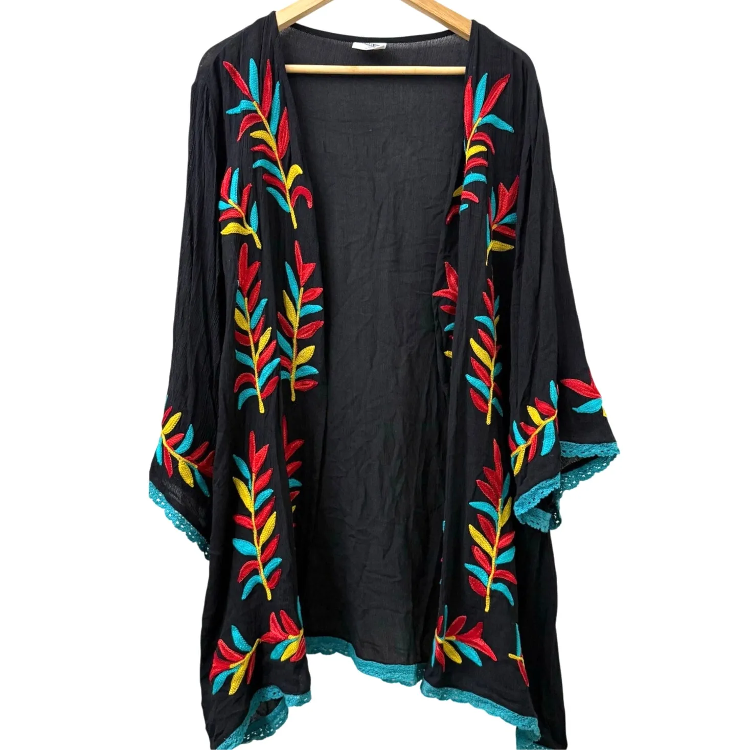 Shoreline 1X Plus Black Sheer‎ Cardigan Coverup Floral Embroidered Beach Boho - Image 2