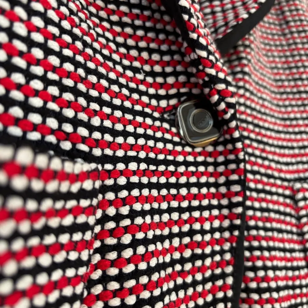 St. John Knit Jacket Navy Blue White Red Black Blazer Cropped Style Size 12 Wool - Image 4