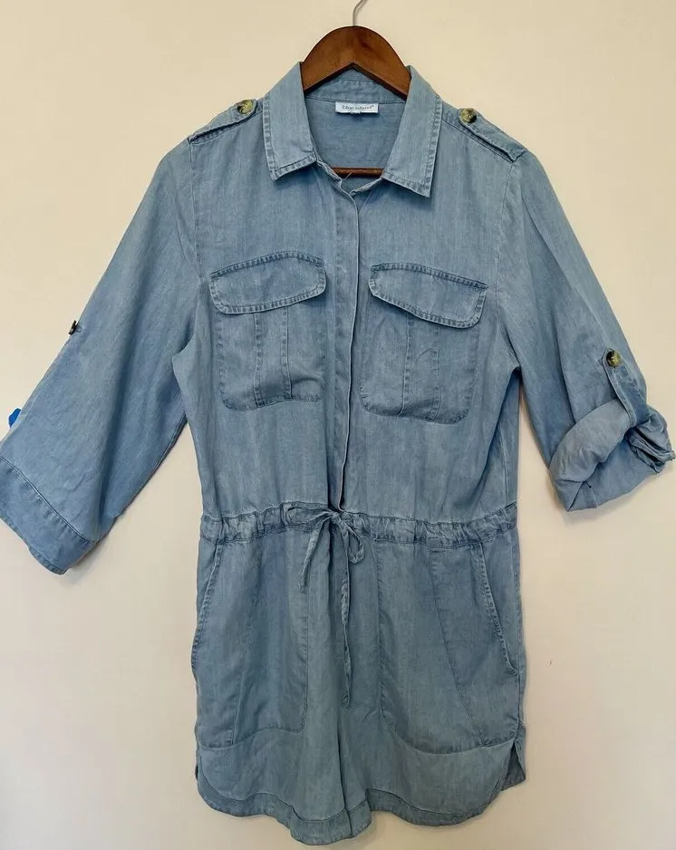 Blue Island Romper Shortalls Women's Chambray Button Up Sleeves M Resort Beach - Image 1